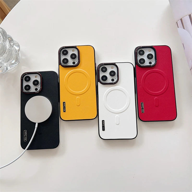 Plain Leather Magnetic MagSafe Wireless Charge Phone Case for iPhone 15 16 Pro Max 14 13 12 11 Pro Shockproof Soft Bumper Cover