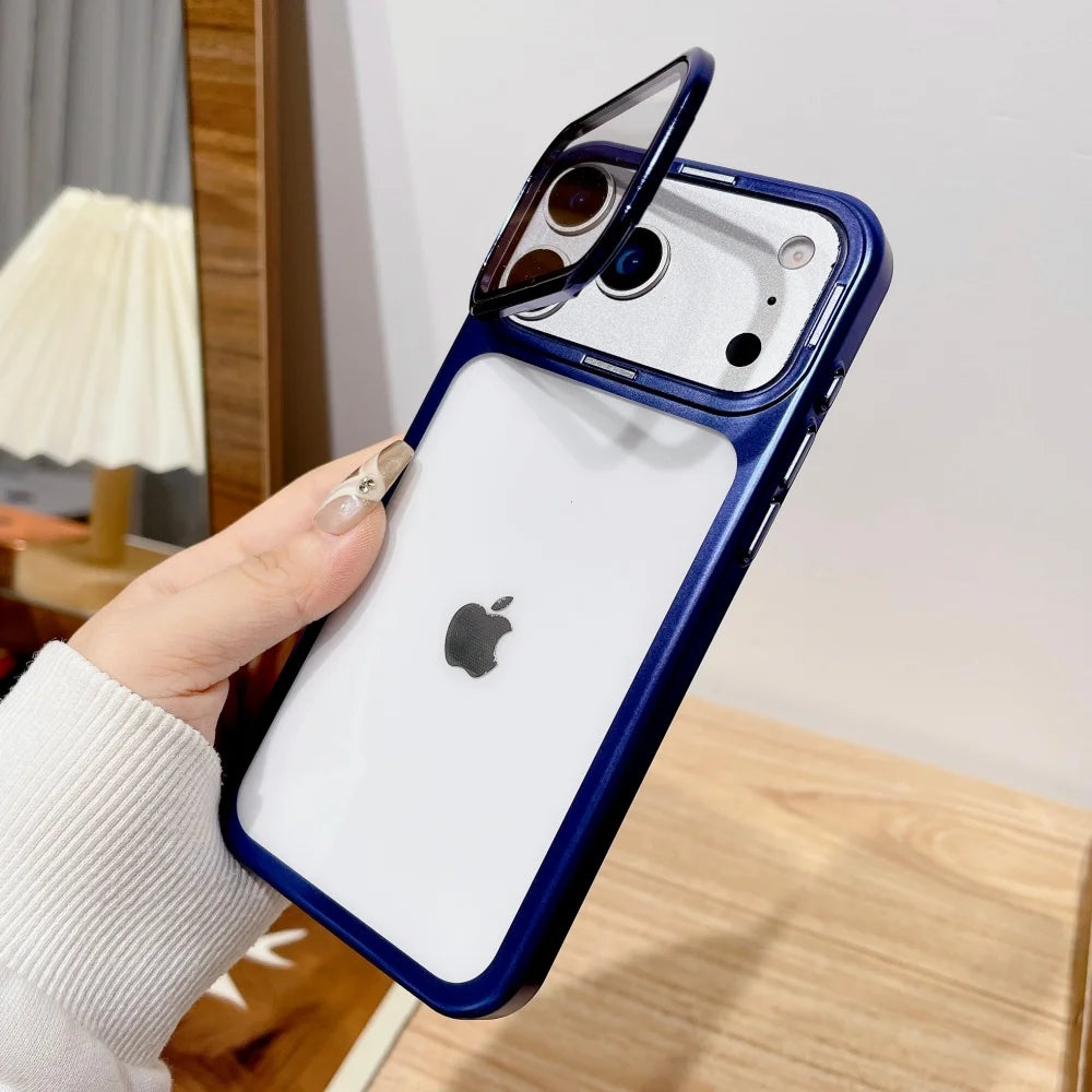 Plating Fold Glass Camera Stand Holder Phone Case For iPhone 17 17Pro 17Air 17 Pro Max Ultra Thin Transparent Shockproof Cover