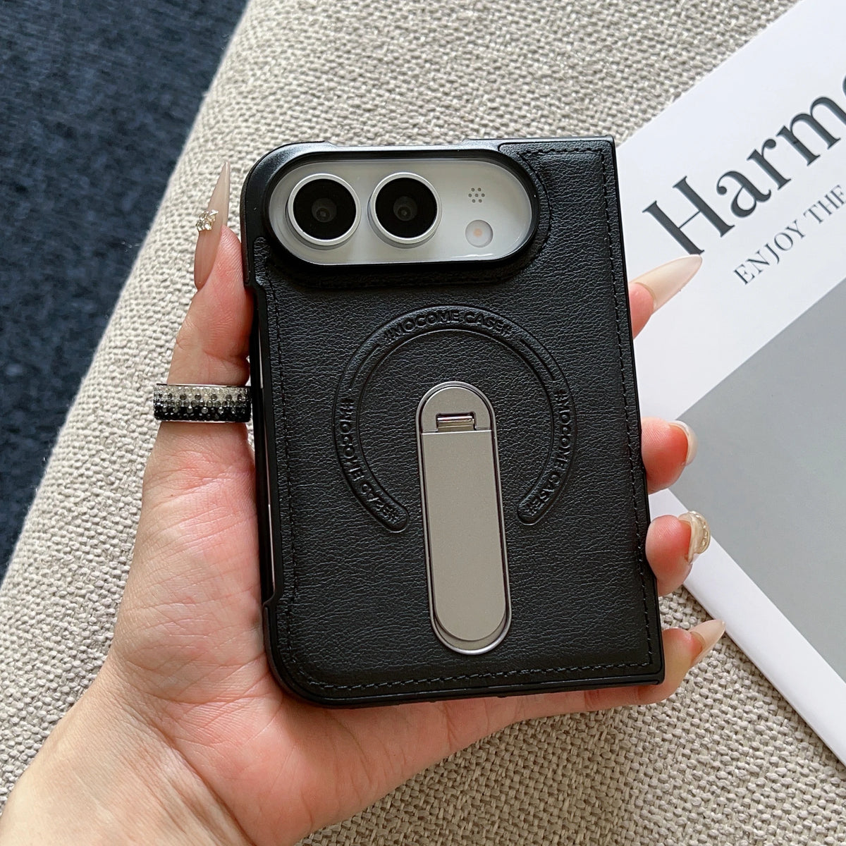 Magsafe For iPhone Duo Case Luxury Matte Leather Magnetic Rotating Ring Holder Shockproof Protection Back Cover Accessories