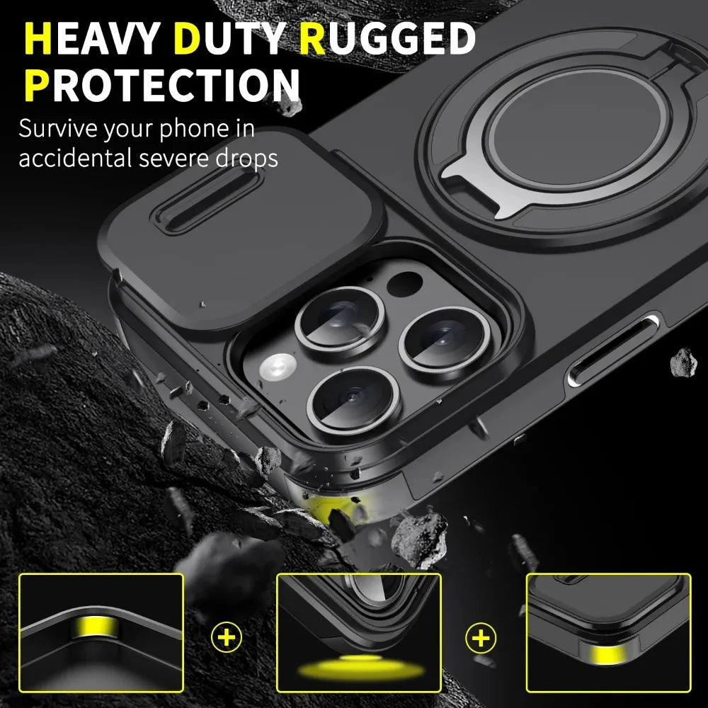 Heavy-Duty Rugged Armor Magnetic Bracket Phone Case For iPhone 17 16 Plus 15 14 13 12 11 Pro Max Slide Camera Protection Cover
