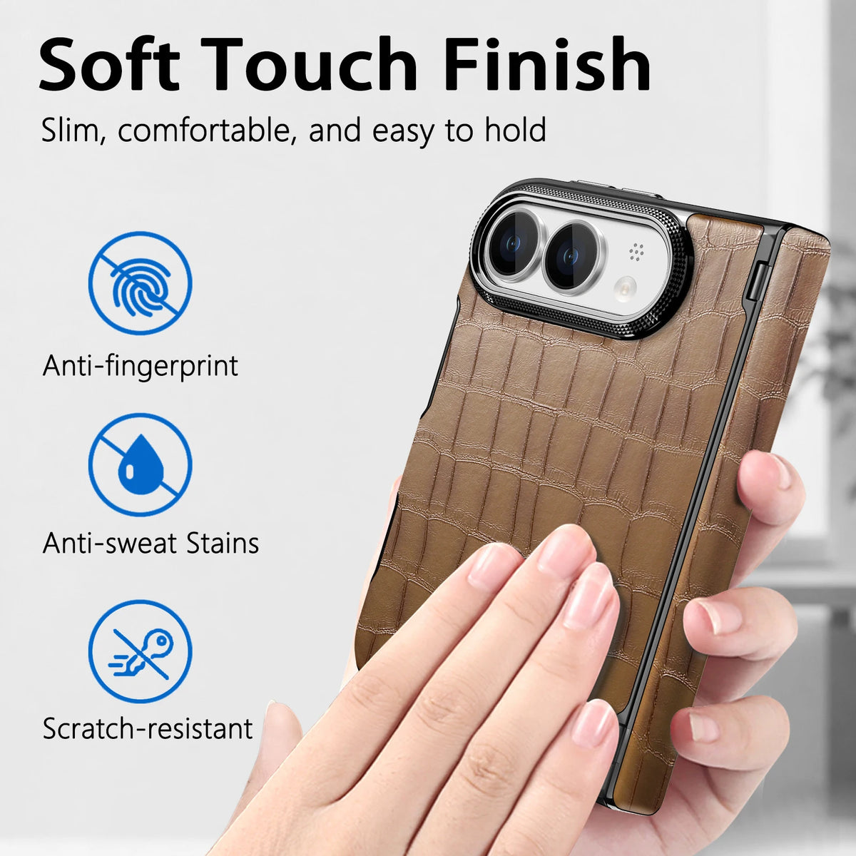 Luxury Crocodile Pattern Leather Case‌ for iPhone Ultra 18 Fold Shockproof Lens Protrusion Central Axis Protection Slim Cover