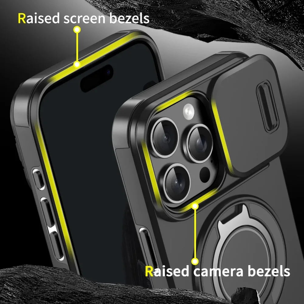 Heavy-Duty Rugged Armor Magnetic Bracket Phone Case For iPhone 17 16 Plus 15 14 13 12 11 Pro Max Slide Camera Protection Cover