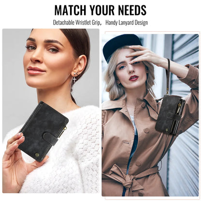 iPhone Duo Phone Case, Built-in Card Holder Wallet Phone Leather Stand Case for iPhone Duo Wristlet Strap