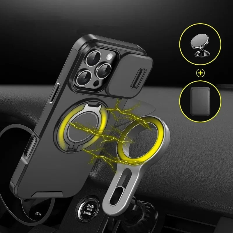 Heavy-Duty Rugged Armor Magnetic Bracket Phone Case For iPhone 17 16 Plus 15 14 13 12 11 Pro Max Slide Camera Protection Cover