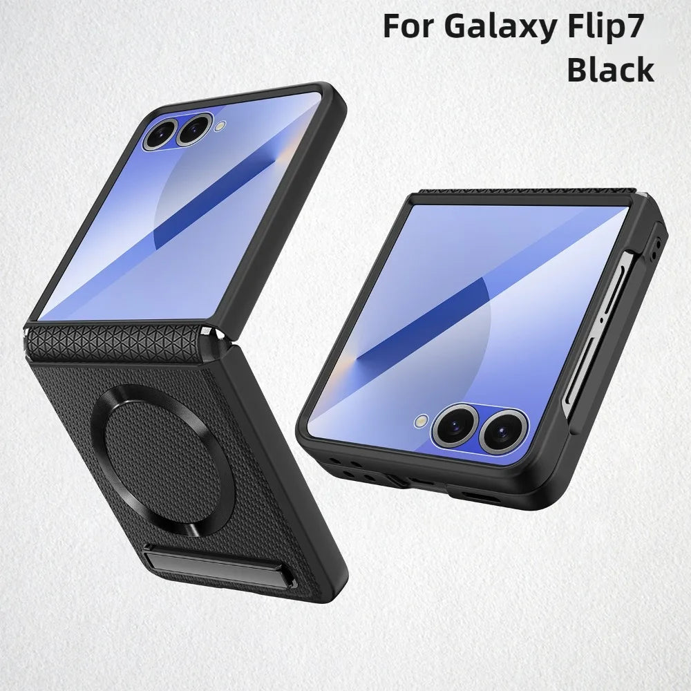 Magsafe Magnetic Kickstand Hinge Protection Phone Case with Screen Protector for Samsung Z Flip 7 FE 6 5 5G PU Leather Cover