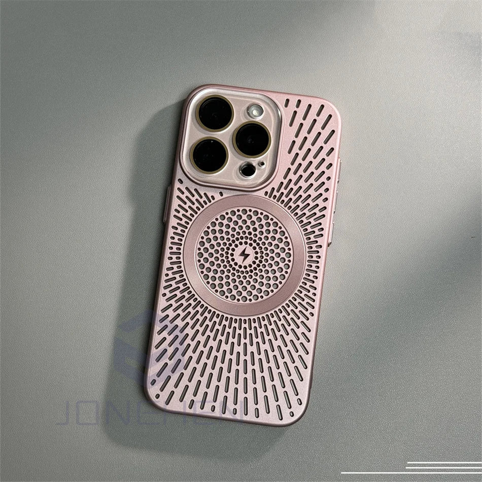 Luxury Heat Dissipation Hollow For Magsafe Case For iPhone 15 14 13 12 16 Pro Max Titanium Magnetic Wireless Charge Hard Cover