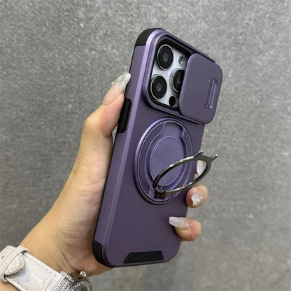 Heavy-Duty Rugged Armor Magnetic Bracket Phone Case For iPhone 17 16 Plus 15 14 13 12 11 Pro Max Slide Camera Protection Cover