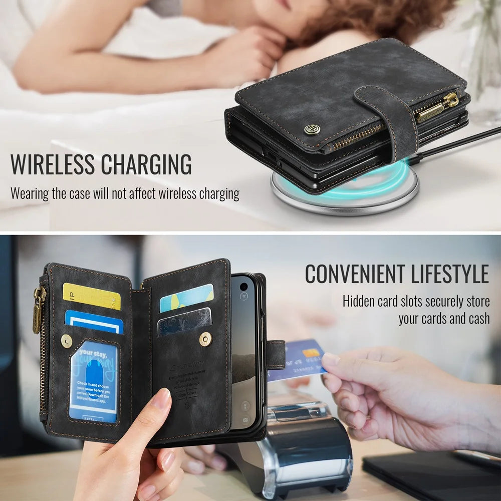 iPhone Duo Phone Case, Built-in Card Holder Wallet Phone Leather Stand Case for iPhone Duo Wristlet Strap