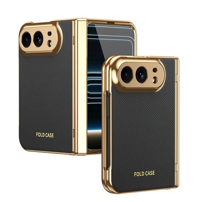 KEYSION Luxuxy PU Leather Fold Phone Case for iPhone Ultra Duo Plating PC Shockproof Back Cover With Hinge+HD Screen Protector