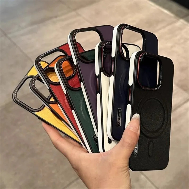 Luxury PU Leather Magnetic PC Frame Phone Cover For iPhone 17 Pro Max 16 15 14 13 12 Air For Magsafe Shockproof Protective Cover