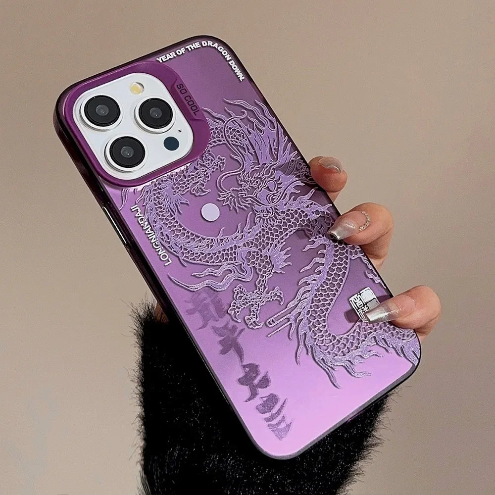 INS Laser Phone Case for iPhone 16 15 14 13 12 11 Pro Max Luxury Chinese Dragon Hard Matte Protective Shockproof Cover Fundas