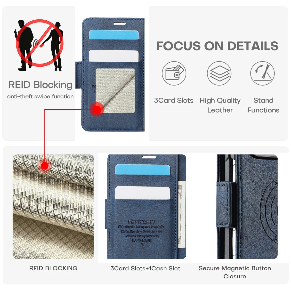 Magnetic Flip Card Slots Wallet Leather Case for iPhone Duo 18 Fold Wide Shockproof for Magsafe RFID Blocking Book Stand Cover