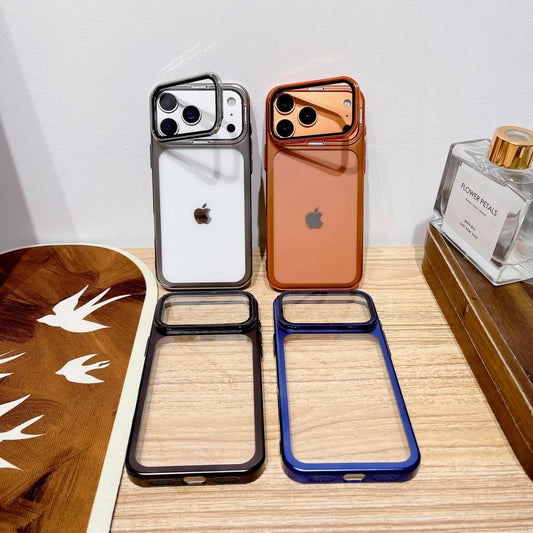 Galvanisierte Falten Glas Kamera Ständer Halterung Handyhülle für iPhone 17 17Pro 17Air 17 Pro Max Ultradünne transparente stoßfeste Abdeckung