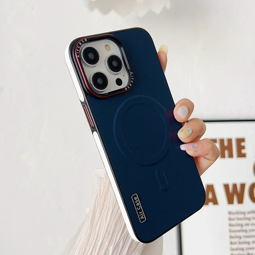 Business Double Color Leather for Magsafe Case for iPhone 12 13 14 15 Pro Max Magnetic Mat Soft Shockproof Cover for iPhone 16