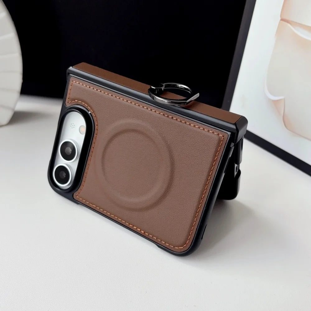 Retro PU Leather Ring Holder Bracket For Magsafe Magnetic Case For iPhone Duo duo Fold Hinge Protection Shockproof Back Cover
