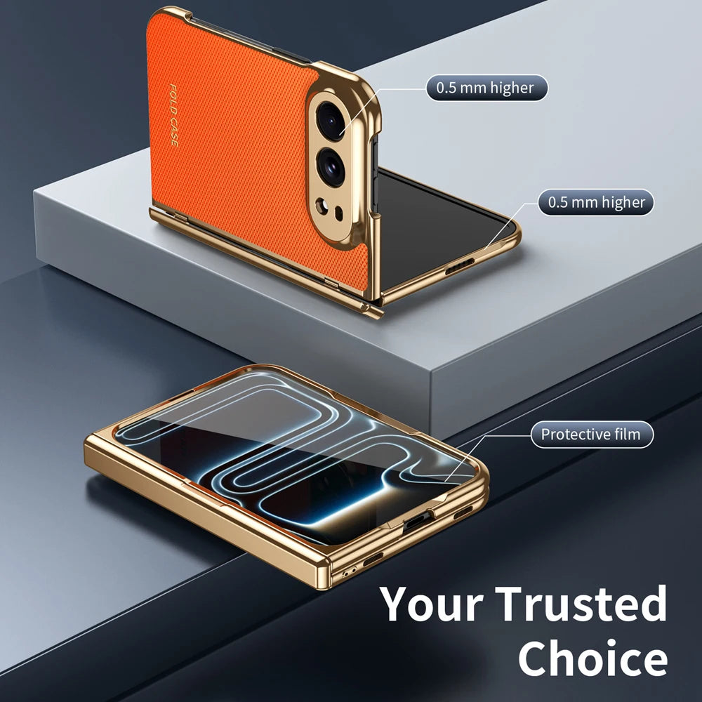 KEYSION Luxuxy PU Leather Fold Phone Case for iPhone Ultra Duo Plating PC Shockproof Back Cover With Hinge+HD Screen Protector