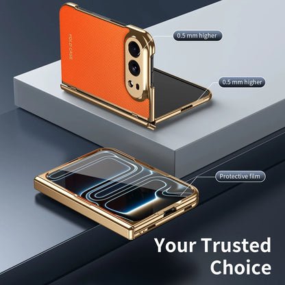 KEYSION Luxuxy PU Leather Fold Phone Case for iPhone Ultra Duo Plating PC Shockproof Back Cover With Hinge+HD Screen Protector