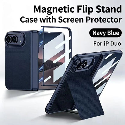 Double-layer technology fabric magnetic case for iPhone Duo woven twill design, film integrated case with invisible bracke