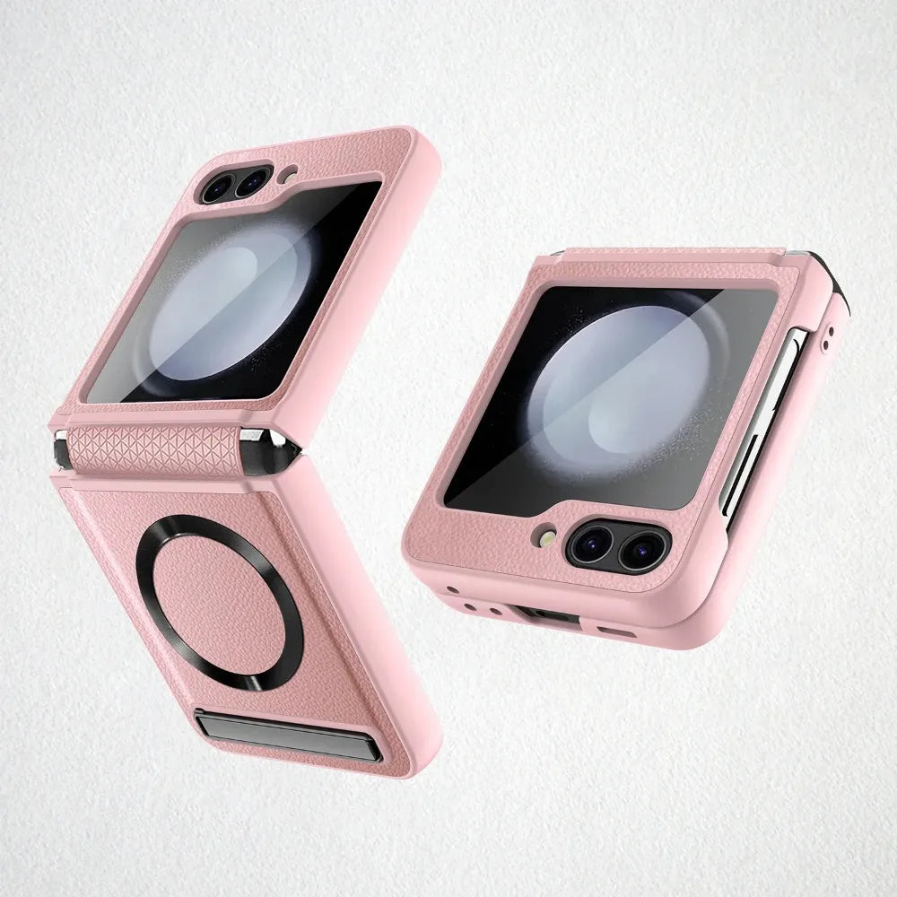 Magsafe Magnetic Kickstand Hinge Protection Phone Case with Screen Protector for Samsung Z Flip 7 FE 6 5 5G PU Leather Cover