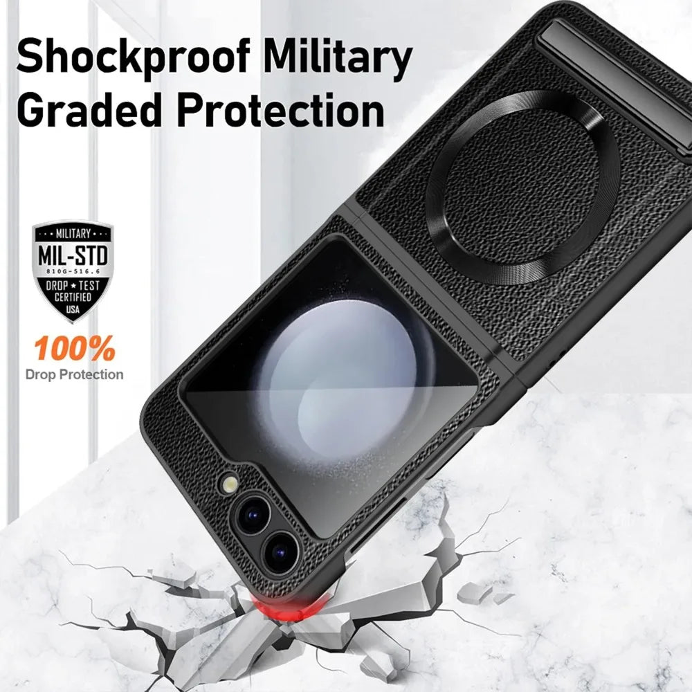 Magsafe Magnetic Kickstand Hinge Protection Phone Case with Screen Protector for Samsung Z Flip 7 FE 6 5 5G PU Leather Cover
