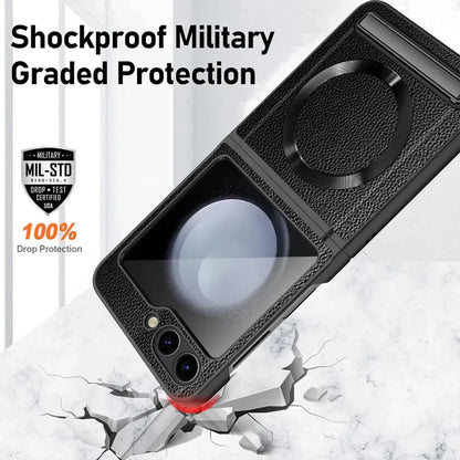 Magsafe Magnetic Kickstand Hinge Protection Phone Case with Screen Protector for Samsung Z Flip 7 FE 6 5 5G PU Leather Cover