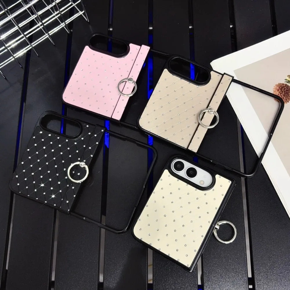 For iPhone Duo duo Fold Case Luxury Bling Diamond Grid Pattern Rotatable Ring Bracket Cases Hinge Protection Shockproof Cover