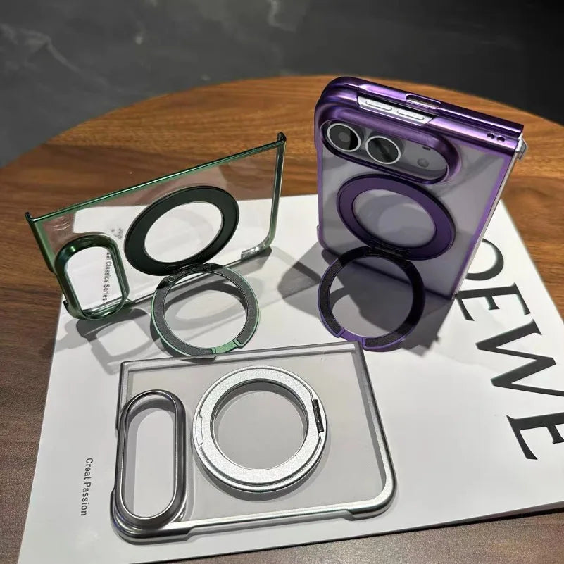 For iPhone Duo Case for Magsafe 360 Rotate Bracket Case for iPhone Duo Fold Transparent Plating Bulit-in Screen Protector Cover