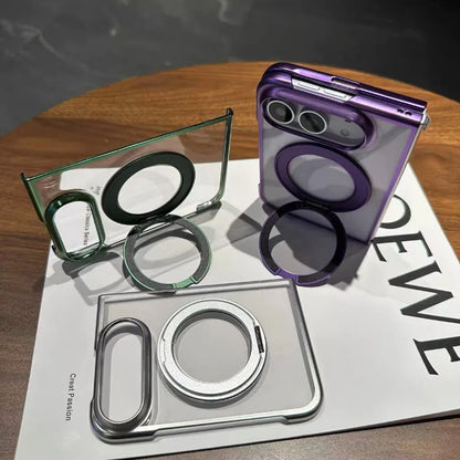 For iPhone Duo Case for Magsafe 360 Rotate Bracket Case for iPhone Duo Fold Transparent Plating Bulit-in Screen Protector Cover