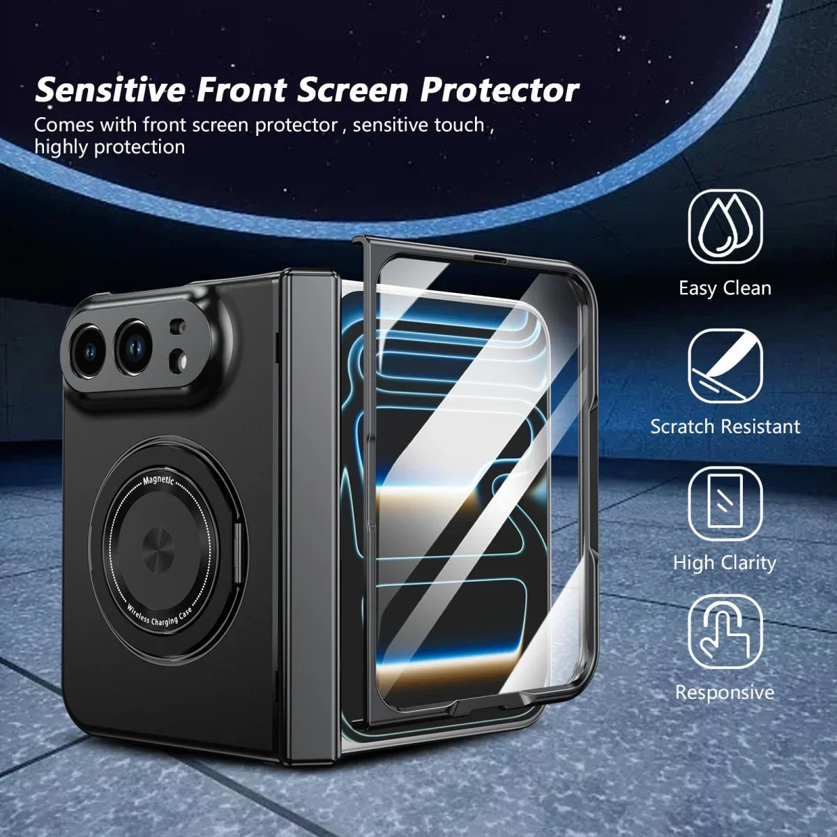 360 Rotatable Stand Magnetic Wireless Charging Phone Case for IPhone Duo 18 Fold Tempered Glass Film Hinge Protective Cover