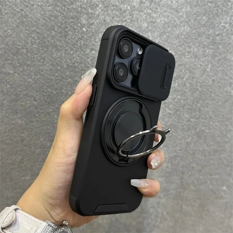 Heavy-Duty Rugged Armor Magnetic Bracket Phone Case For iPhone 17 16 Plus 15 14 13 12 11 Pro Max Slide Camera Protection Cover