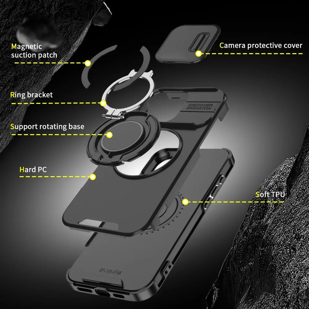 Heavy-Duty Rugged Armor Magnetic Bracket Phone Case For iPhone 17 16 Plus 15 14 13 12 11 Pro Max Slide Camera Protection Cover