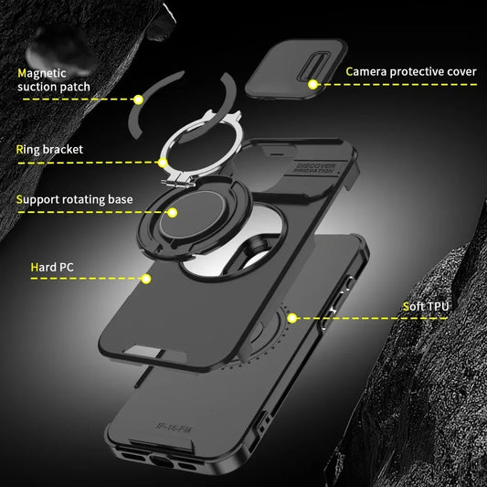 Robustes, gepanzertes magnetisches Halterungs-Handycase für iPhone 17 16 Plus 15 14 13 12 11 Pro Max mit Schiebe-Kameraschutz