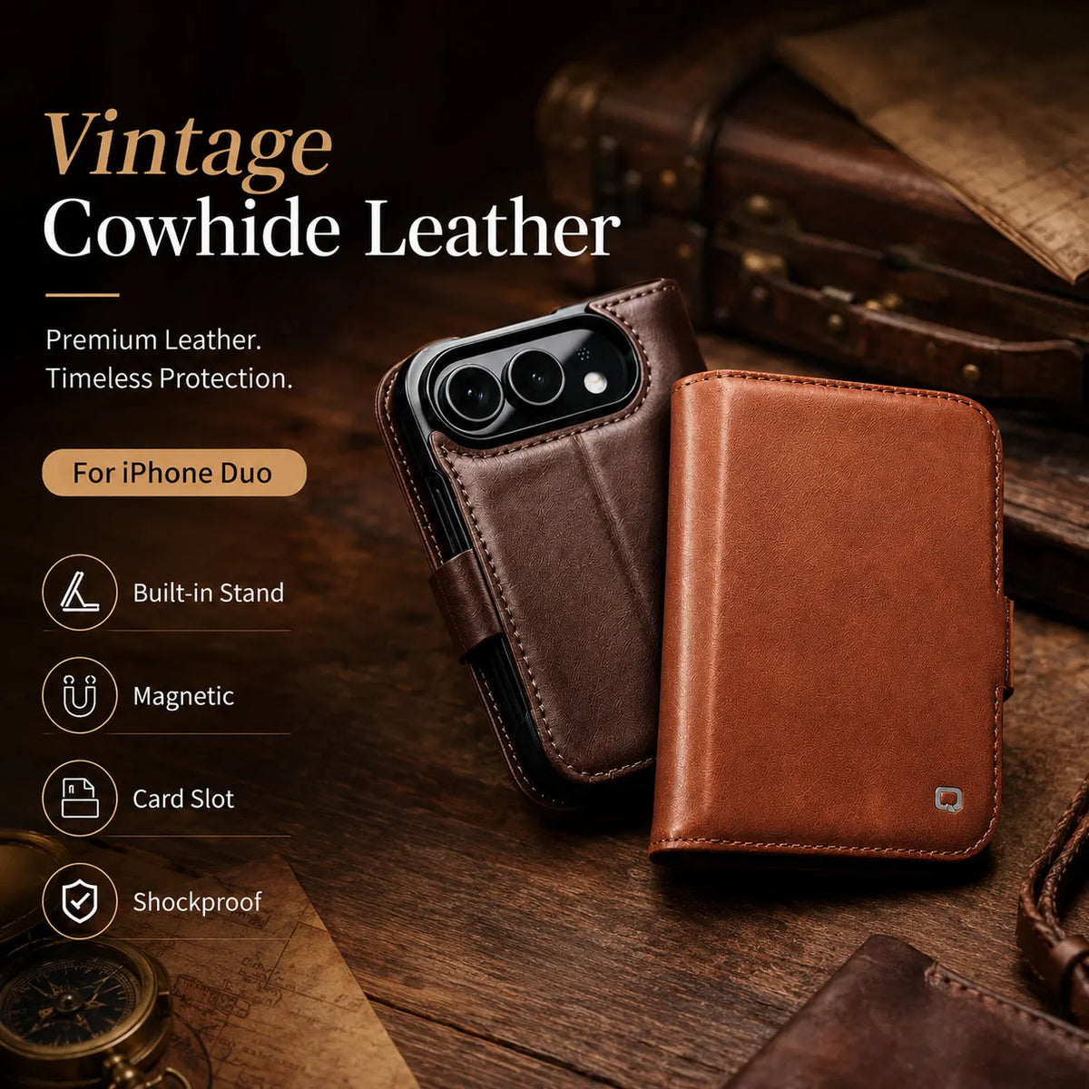 For iPhone Duo 100% Genuine Leather Wallet Case with Magnetic Closure, Stand, Card Slots, Shockproof Anti-Slip Protective Cover