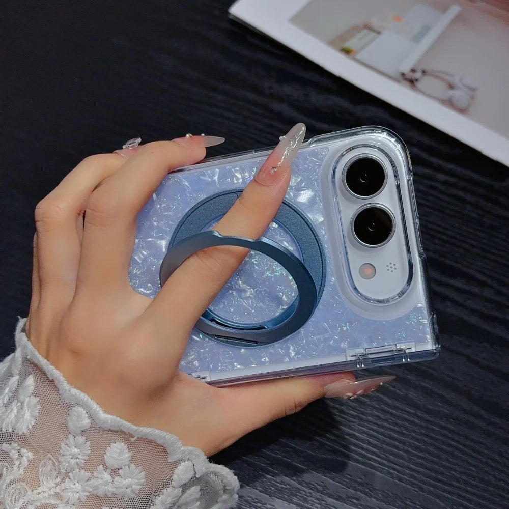 Dreamy Shell Pattern Rotation Stand All-Around Case For iPhone 18 Fold 18Duo For iPhone Duo Auto-Snap Hinge Protection Cover