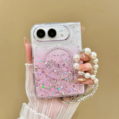 Luxury Gradient Glitter Sequins Pearl Wristband Bracelet For Magsafe Case For iPhone Duo Clear Wireless Charge Shockproof Cover