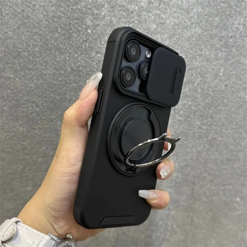 Heavy-Duty Rugged Armor Magnetic Bracket Phone Case For iPhone 17 16 Plus 15 14 13 12 11 Pro Max Slide Camera Protection Cover