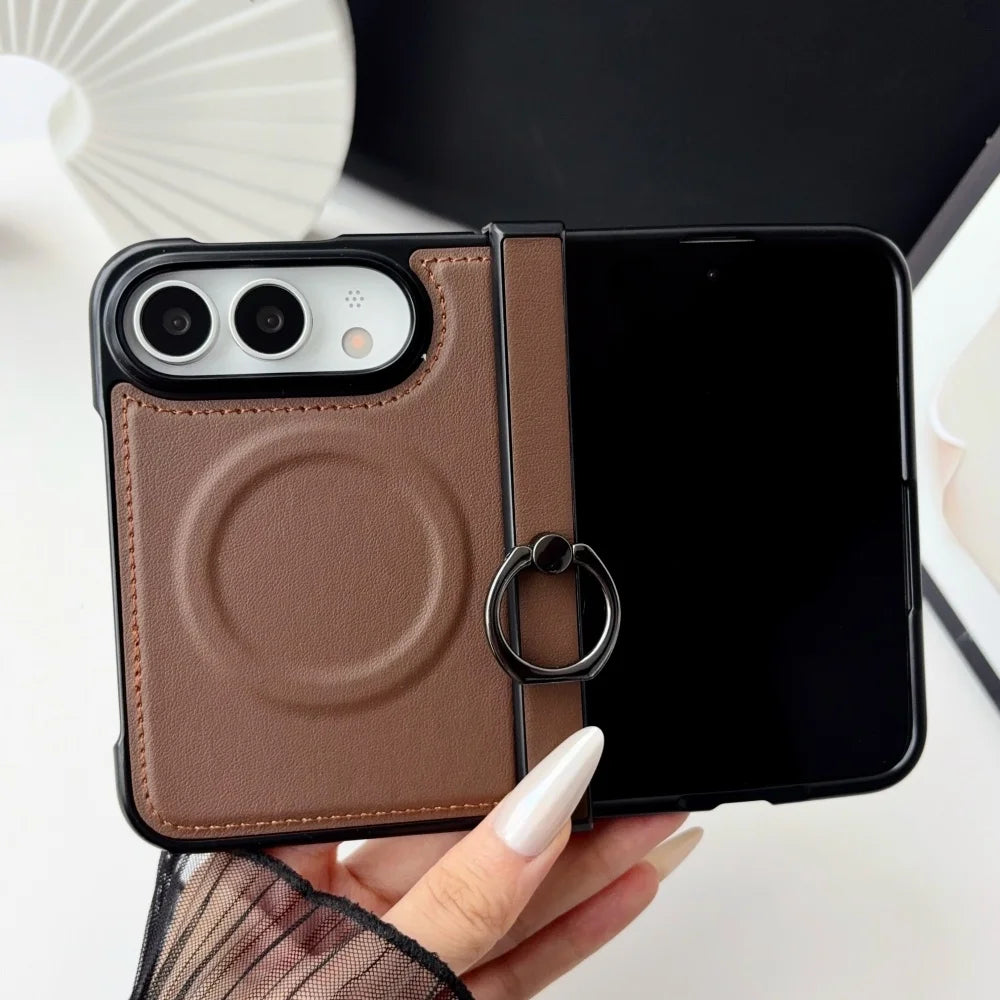 Retro PU Leather Ring Holder Bracket For Magsafe Magnetic Case For iPhone Duo duo Fold Hinge Protection Shockproof Back Cover