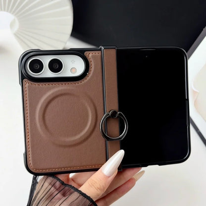 Retro PU Leather Ring Holder Bracket For Magsafe Magnetic Case For iPhone Duo duo Fold Hinge Protection Shockproof Back Cover