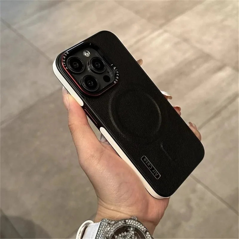 Luxury PU Leather Magnetic PC Frame Phone Cover For iPhone 17 Pro Max 16 15 14 13 12 Air For Magsafe Shockproof Protective Cover