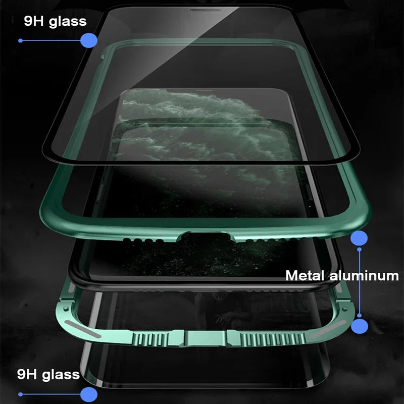 360 Metal Magnetic Adsorption Case For iPhone 16 15 14 13 12 11 Pro XS Max Double-Sided Glass Case For iPhone 8 Plus X XR Cover
