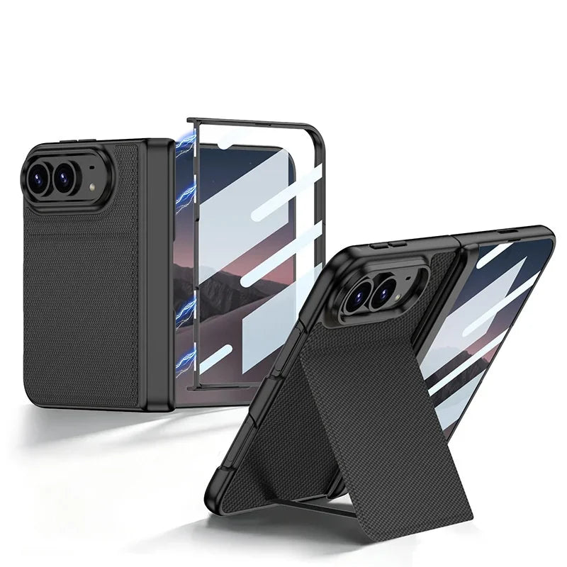 Double-layer technology fabric magnetic case for iPhone Duo woven twill design, film integrated case with invisible bracke
