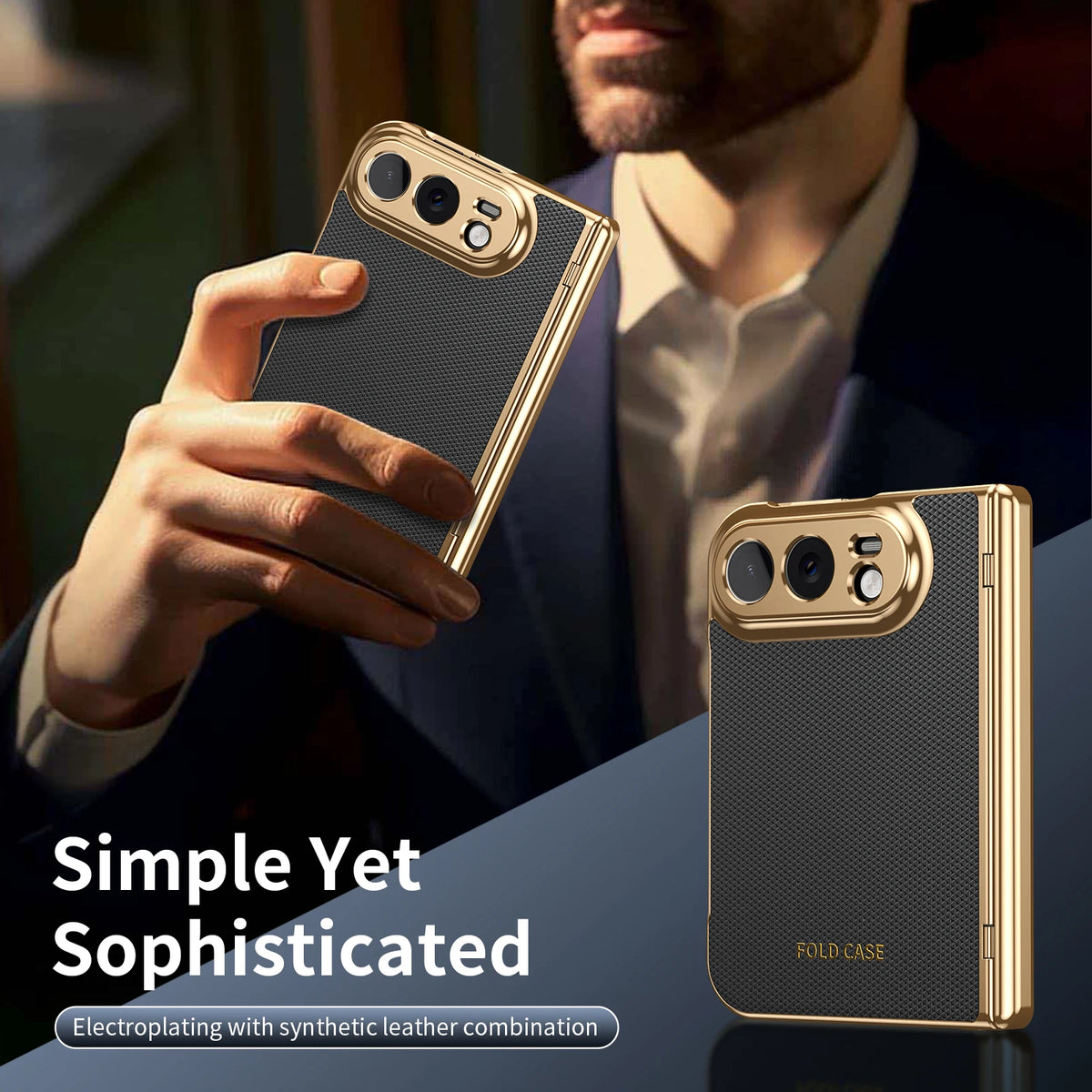 Case For iPhone Duo Luxuxy PU Leather Fold Phone Plating Hard PC Shockproof Back Cover Built-in Hinge HD Screen Protector Cover