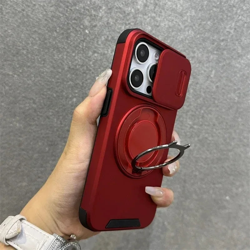 Heavy-Duty Rugged Armor Magnetic Bracket Phone Case For iPhone 17 16 Plus 15 14 13 12 11 Pro Max Slide Camera Protection Cover