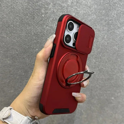 Heavy-Duty Rugged Armor Magnetic Bracket Phone Case For iPhone 17 16 Plus 15 14 13 12 11 Pro Max Slide Camera Protection Cover