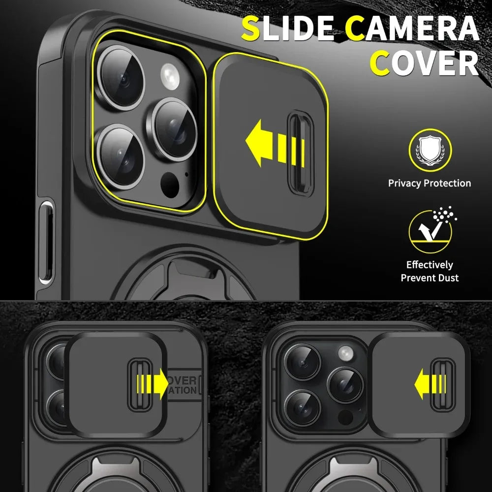 Heavy-Duty Rugged Armor Magnetic Bracket Phone Case For iPhone 17 16 Plus 15 14 13 12 11 Pro Max Slide Camera Protection Cover