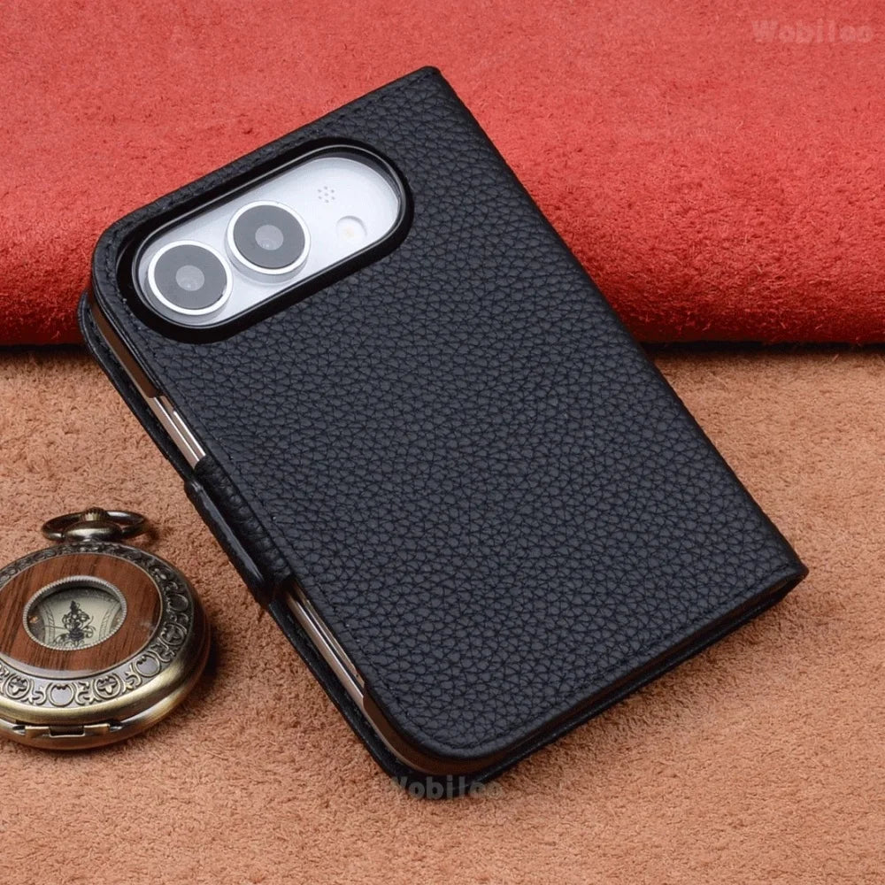 Premium Cowhide Leather Hand-sewn Flip Case for iPhone Duo Business Full Cover