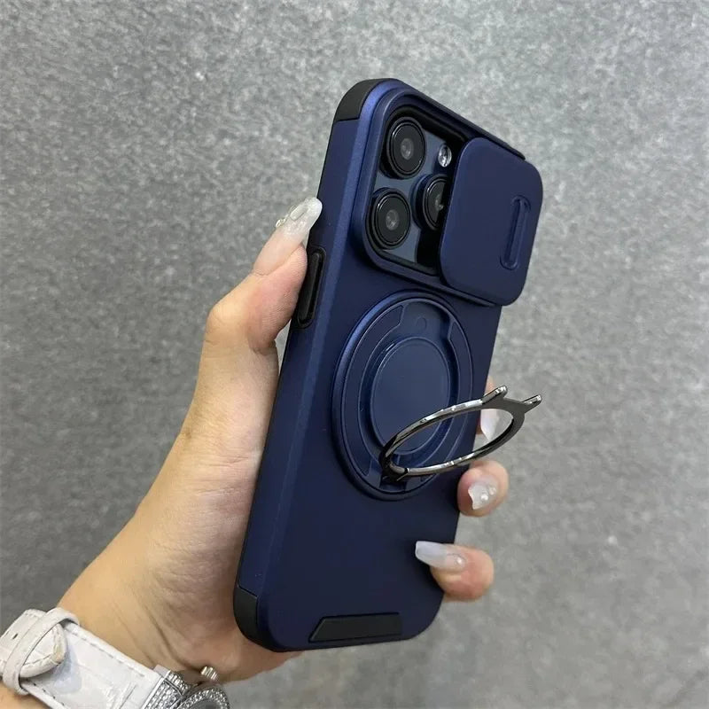 Heavy-Duty Rugged Armor Magnetic Bracket Phone Case For iPhone 17 16 Plus 15 14 13 12 11 Pro Max Slide Camera Protection Cover