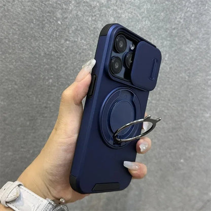 Heavy-Duty Rugged Armor Magnetic Bracket Phone Case For iPhone 17 16 Plus 15 14 13 12 11 Pro Max Slide Camera Protection Cover