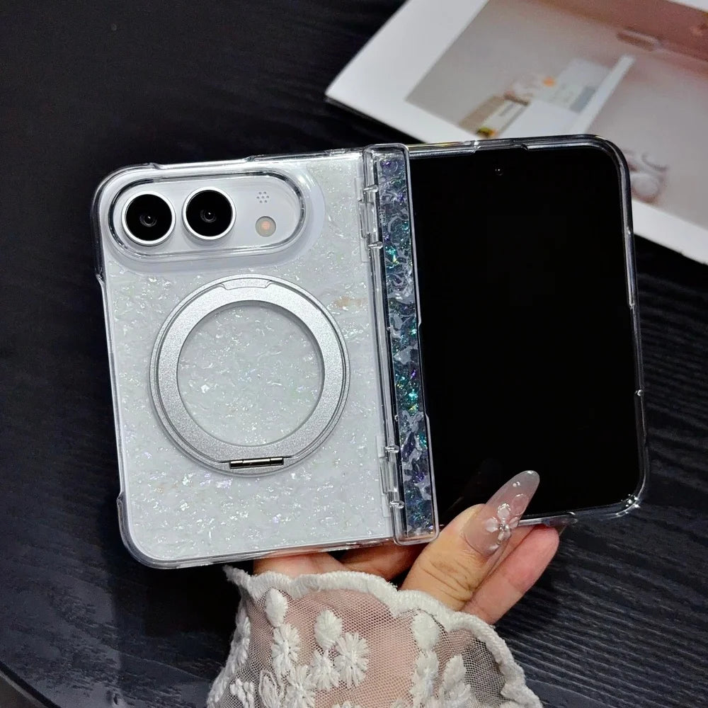 Dreamy Shell Pattern Rotation Stand All-Around Case For iPhone 18 Fold 18Duo For iPhone Duo Auto-Snap Hinge Protection Cover
