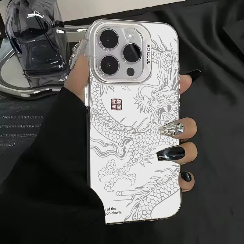 Luxury Dragon Totem Anti-drop Armour Case For iPhone 16 15 Pro Max 15 14 13 12 11 Pro XR XS 7 8 Plus Lens protect plating Cover